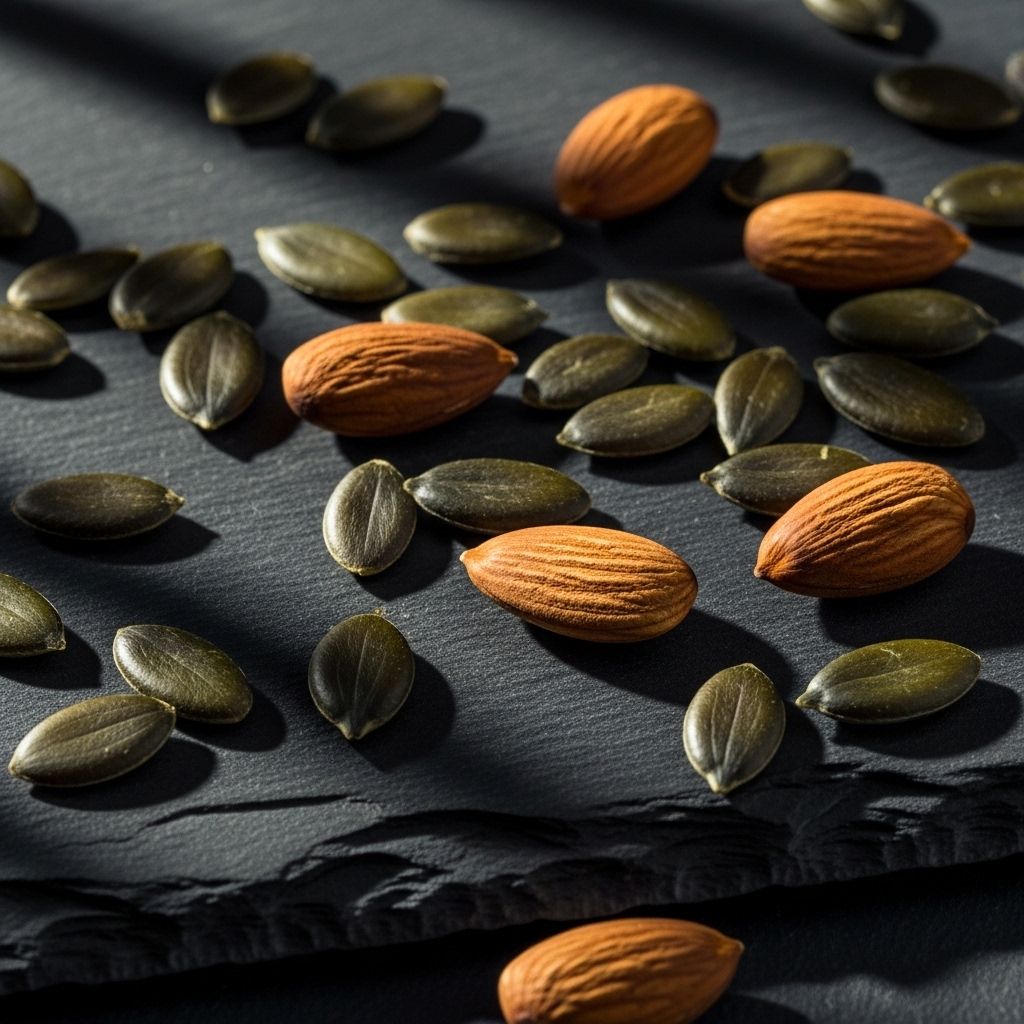 Macro photograph of dark pumpkin seeds and whole almonds scattered on a rough dark stone slate with dramatic side lighting casting long textured shadows, representing zinc and magnesium rich foods